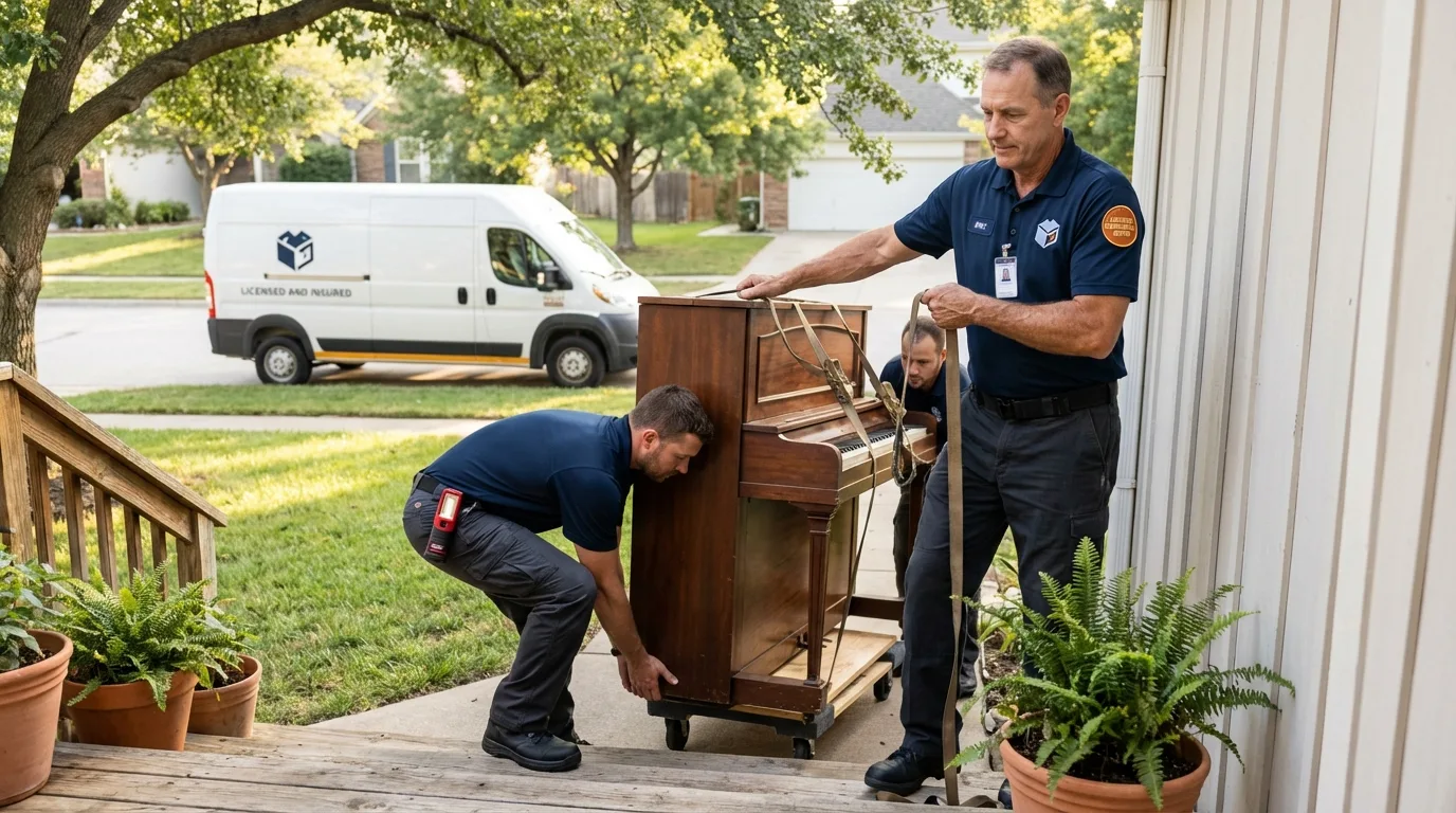 Licensed piano movers securing grand piano in Lafayette, CO