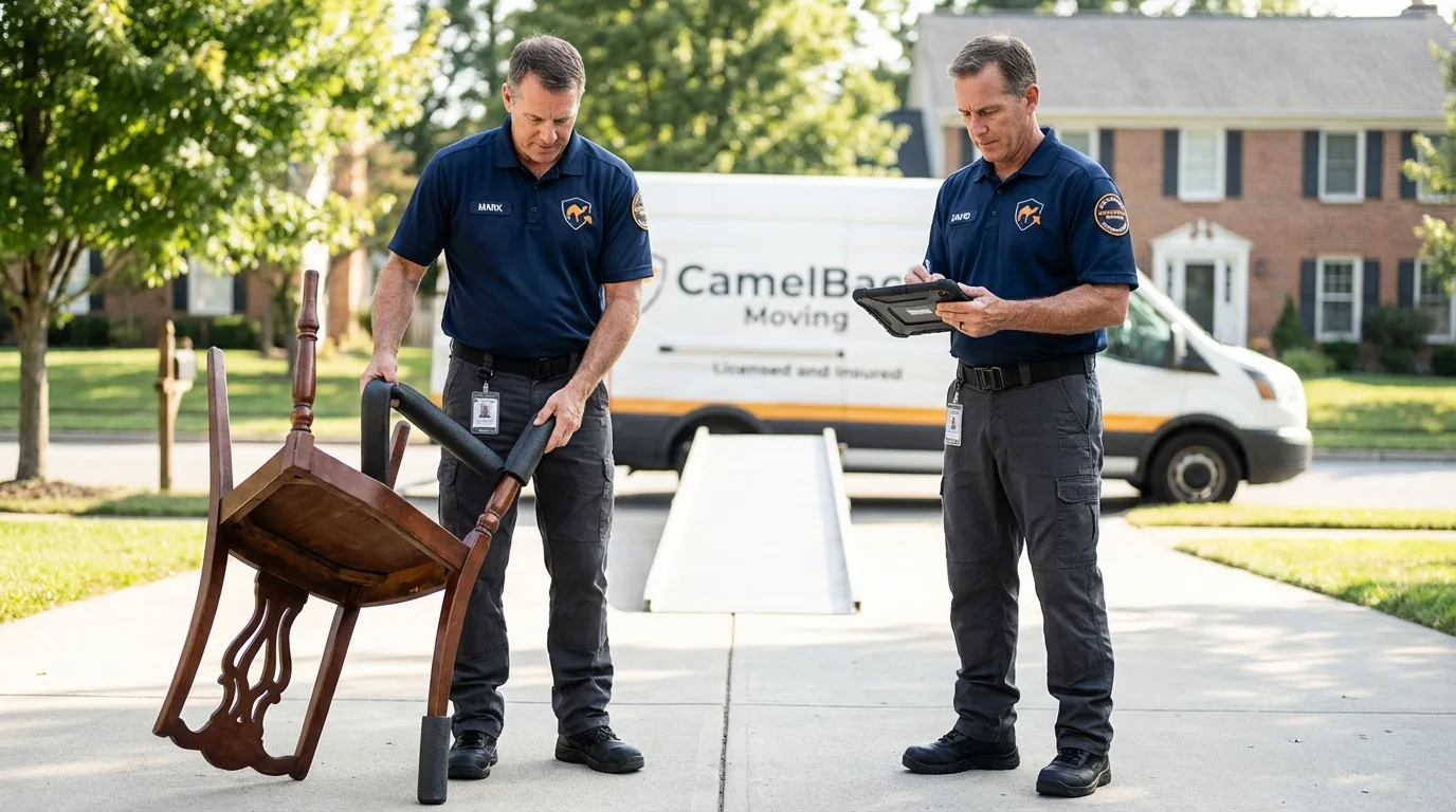 Movers inspecting furniture for damage prevention before loading in Lafayette, CO