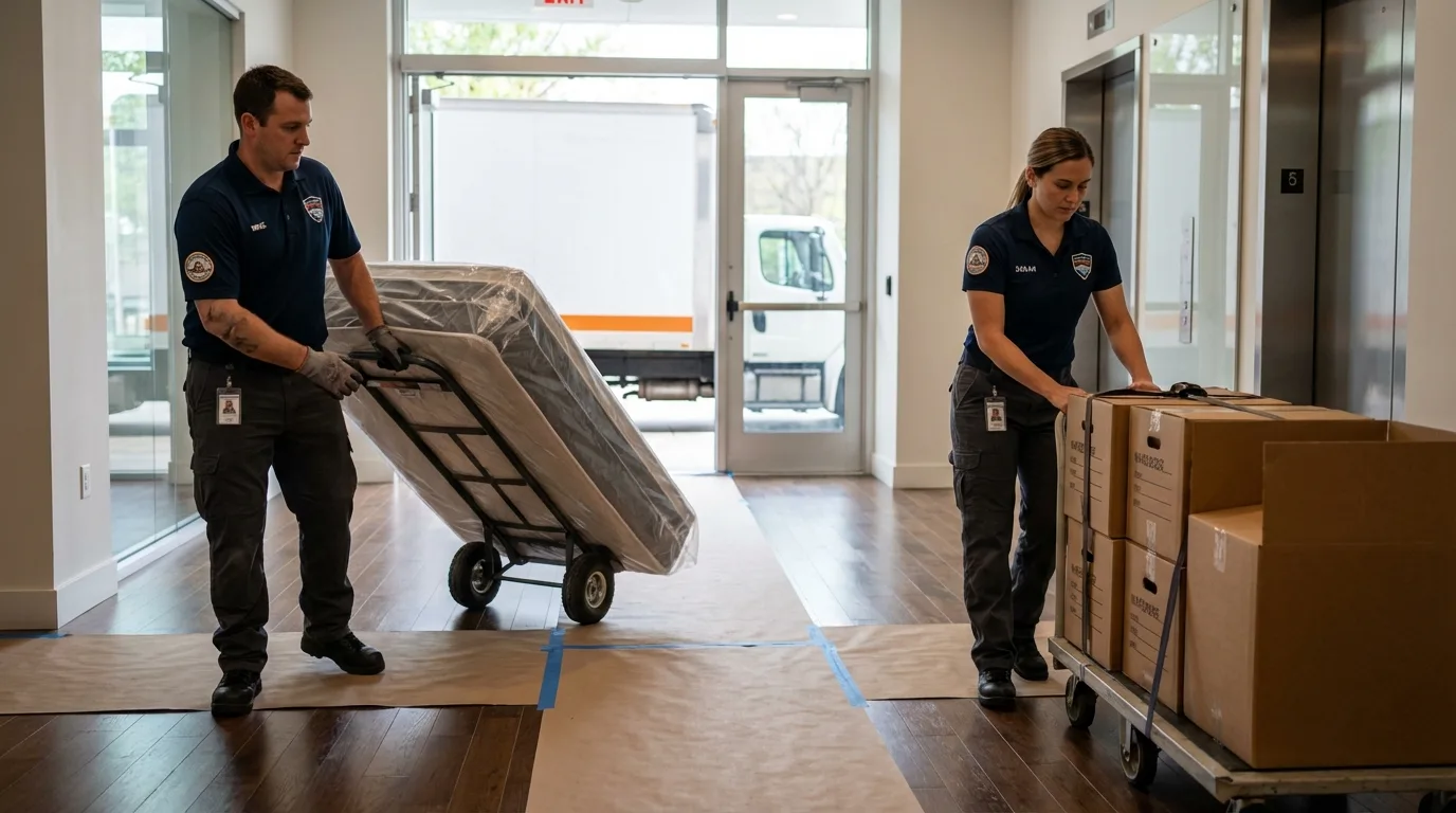 Professional apartment movers loading elevator in Lafayette, CO