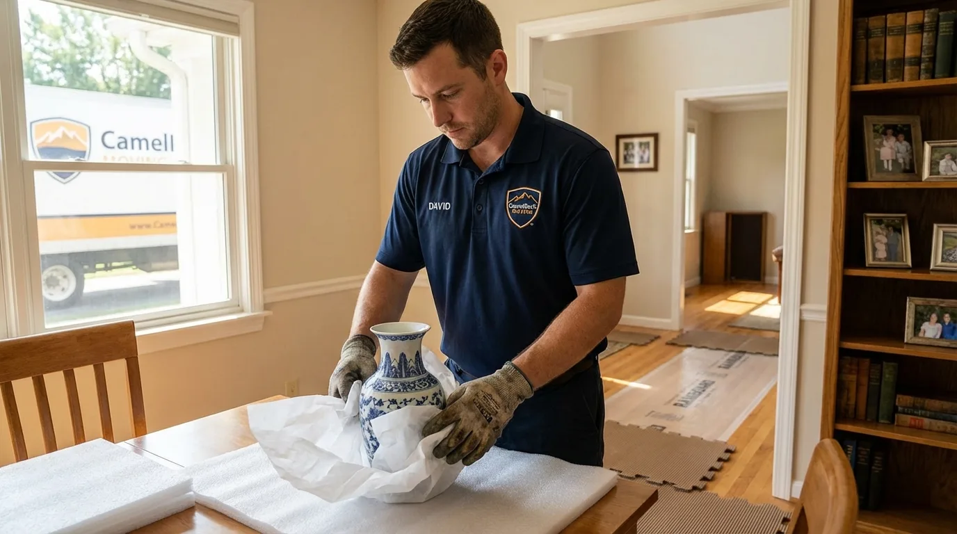 Professional crew carefully wrapping antique vase for senior downsizing move in Lafayette, CO